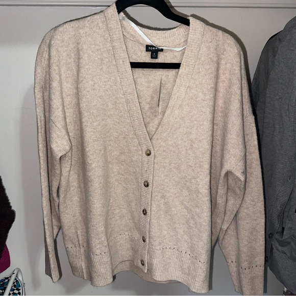 Vegan Cashmere Cardigan V-Neck Drop Shoulder Sweater Torrid warm tan-gray size12 - Picture 4 of 5